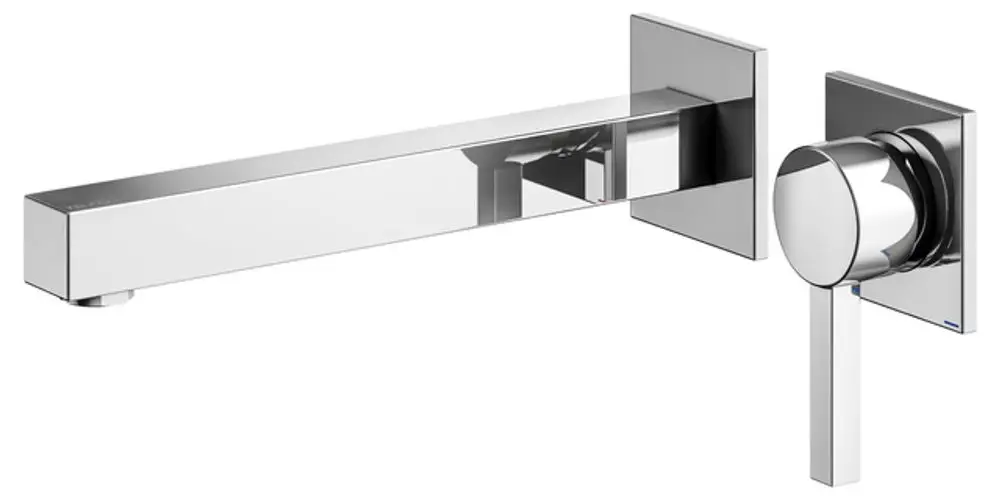 Wandmontierter Mischbatterie von Keuco mit rechteckigem, verchromtem Auslauf und runder Steuerung in modernem Design.